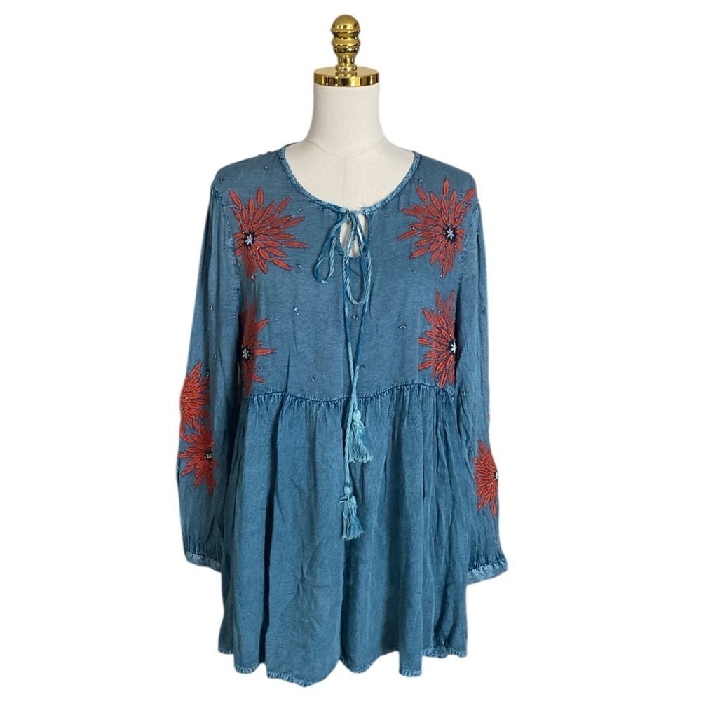 Nostalgia Womens Floral Embroidered Western Cowgirl Boho Blue Relaxed Tunic Sz M